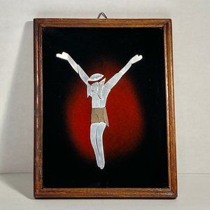 Vintage Crucifix Jesus Christ Art Framed Metal Glass Catholic Christian Wood